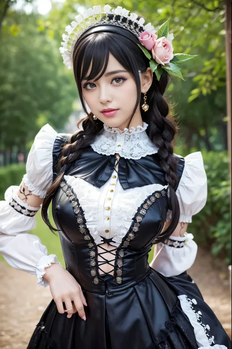 sexy stylish Spanish model, only 1 female, ((doll-like appearance)), ((ultra detailed Victorian-Style boots)), beautiful smile, ultra detailed eyes, vivid eye makeup, lipgloss, long lashes, defined eyebrows, ((sexy Paradise Kiss cosplay)), bell-shaped skir...