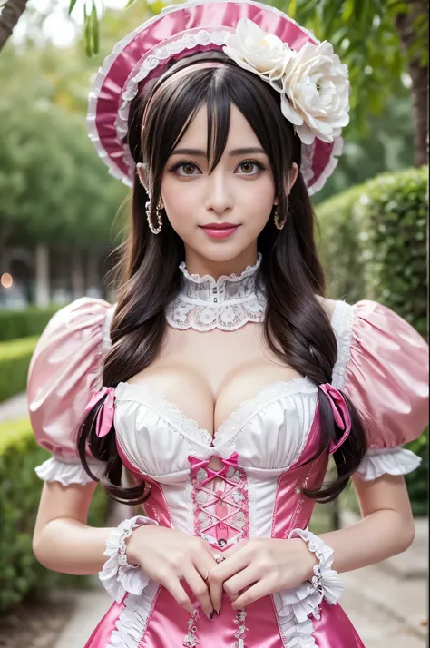 sexy stylish Spanish model, only 1 female, ((doll-like appearance)), long neon pink stylish hair, ((ultra detailed Victorian-Style boots)), beautiful smile, ultra detailed eyes, vivid eye makeup, lipgloss, long lashes, defined eyebrows, ((sexy Paradise Kis...