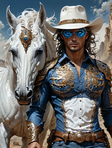 a caucasian Cowboy stuck in the Wild West, with hero mask over eyes, blue shirt, blue pants, white cowboy hat, White horse, masterpiece,kbak style,epic,8k,cinematic,trending on artstation and deviantart,ultra detailed