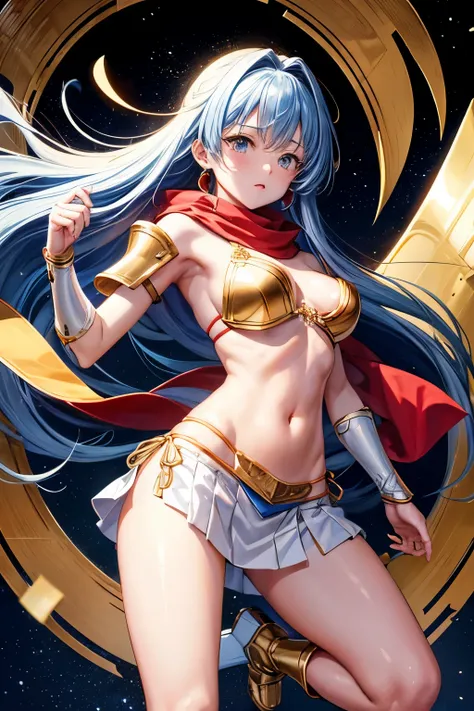 Yuko Aso　Phantom Warrior Valis　Blue long hair　Red scarf around the neck　Gold Shoulder Armor　Gold Bra Armor　Belly button　White mini skirt　Bikini Armor　Gold Armor　Gold Long Boots　Pet poses　simple　１９９０Era