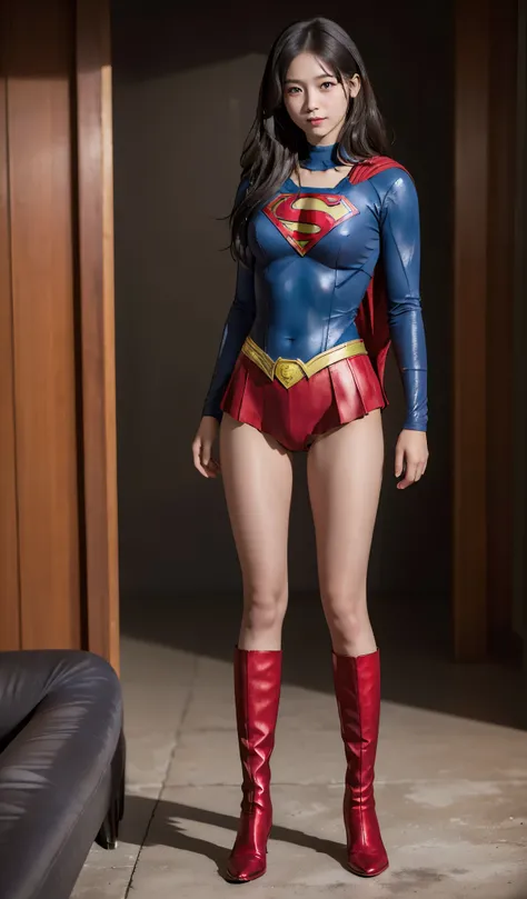 No background、(((Beautiful legs in black tights.)))、(((Legally express the beauty of your smile)))、((((Make the most of your original images)))、(((Supergirl Costume)))、(((Beautiful Hair)))、(((suffering)))、(((Please wear black tights....、Wear red boots)))、(...