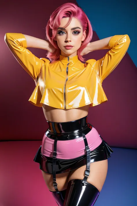 hermosa joven sexy,pelo rubio,bollos espaciales,pink latex blouse, buttoned latex blouse, detailed latex blouse.,shiny light blu...