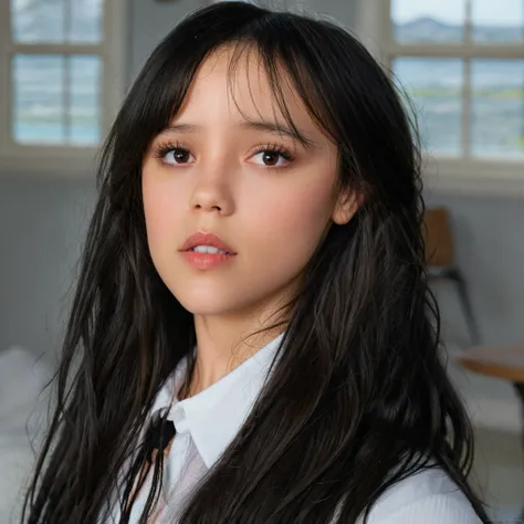 a close-up of a woman with long hair and a white shirt, jenna ortega, very pretty face, ihr gesicht sieht aus wie eine orchidee,...