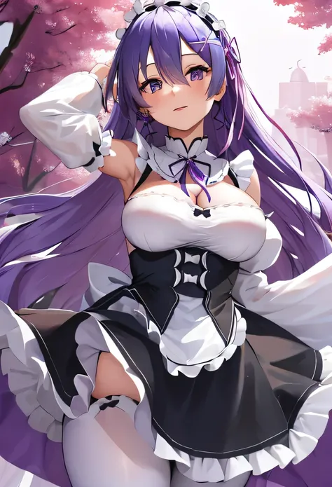 aarem, long purple hair, maid headdress, x hair ornament, hair ribbon, large breasts, frills, neck ribbon, cleavage, dress, detached sleeves, white apron, waist apron, white pantyhose