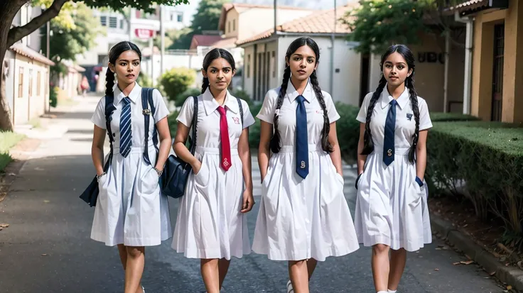 raw photo ,gang of 4 girls,wearing white frocks and striped color tie,frocks with pockets,putting hands in pockets pose all of t...