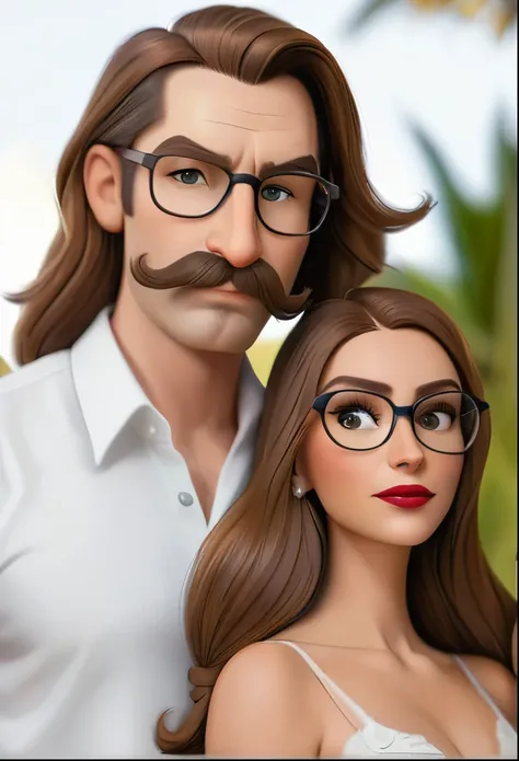 Una pareja, a man with a mustache beard with glasses long brown hair and a woman with long brown hair and very large eyebrows 