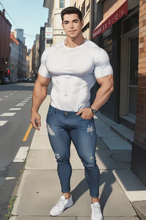 (absurdres, highres, ultra detailed, realistic,semi realistic ), 1 male, solo, adult, mature, guy, broad shoulders, handsome, (very short hair:1.4), angular jaw, thick neck, thick eyebrows, smile, jumpsuit,  depth of field, full body, wearing jeans, white ...