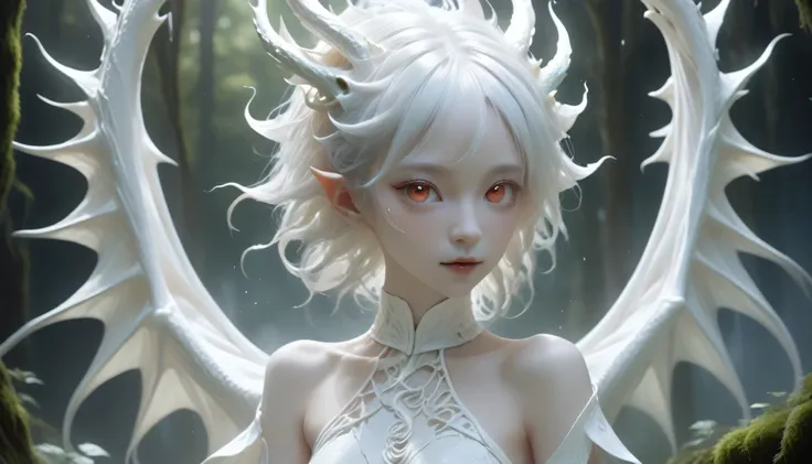 White dragon usine girl,(A girl made from fresh usines),forest,usine,Magnifique complexe blanc psychédélique psychédélique,visage mignon,cheveux longs,8k,Ultra-fine knots,Bois de cerfs,