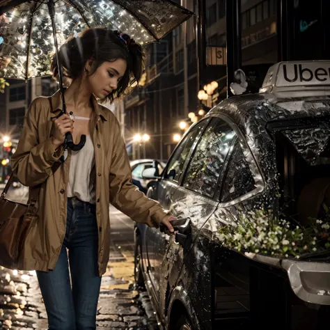 criar um poster ,um poster para site ou aplicativo com esse descricao, leia bem a descricao para nao sair nada diferente ok?:location: A busy street at night, iluminada por postes de luz fracos.
Carro: Um Fiat Uno vermelho de 2019, com gotas de chuva escor...