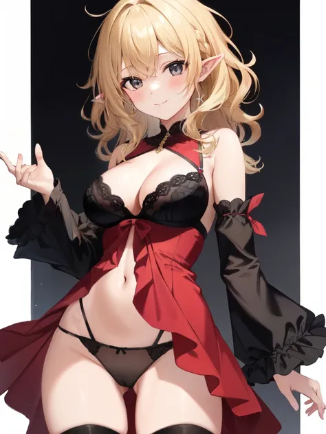 1girl, blonde hair, wavy hair, messy hair, medium hair, black eyes, pointy ears, large breasts, black dress, red dress, bra, cleavage, navel, black panties, legwear, miniskirt, detached sleeves, light smile, standing