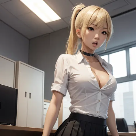 One woman, asian, 30 years old, messy blonde, bangs, skinny body, tight white button-up office shirt, black pleated miniskirt, office background, angry face, open mouth, choker, black eyeliner, ponytail, cleavage, portrait