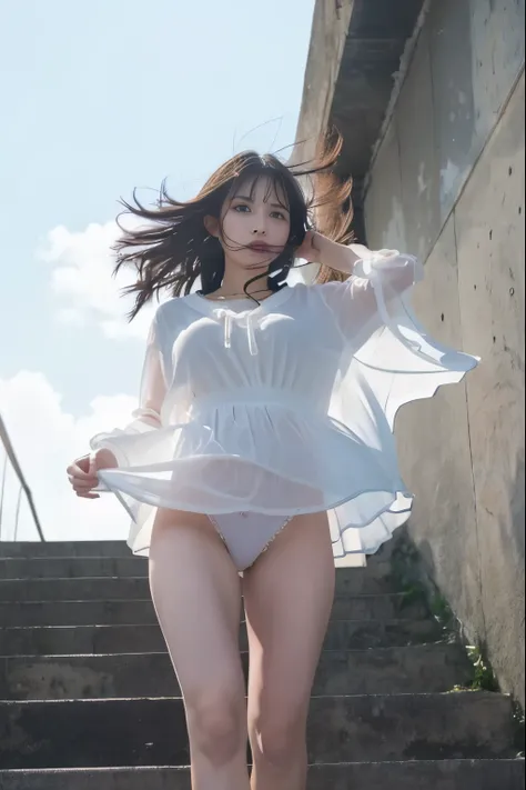 Floundering skirt、A slightly short skirt、(The skirt flutters in the wind、The wind blows up my skirt)、I can see her panties、(Running up the stairs)、(see-through beauty)、(wearing pure white blouse:1.3)、Well-proportioned face、Good looking