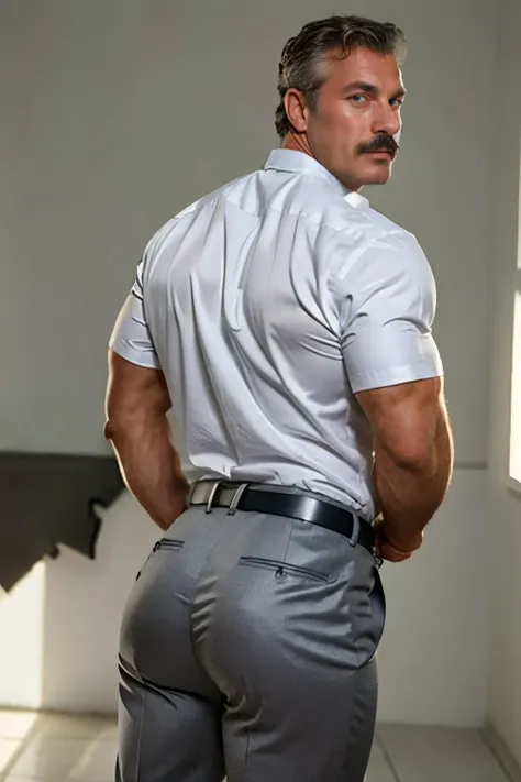 age 60, white man police detective with a mature, backside, kind demeanor, strong and muscular yet chubby build, mustache, weari...