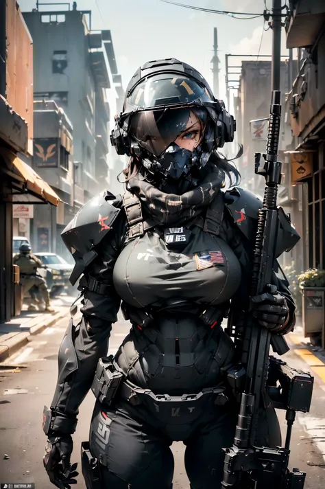 ((best quality, 8k, masterpiece: 1.2, ultra detailed, , a heavy mecha, hard surface)), (Armored core style: 1.0), (Big breasted woman with team U.S.ARMY robot armor GLOSSY BLACK) ,(((aiming at something with a rifle:1.4))),(((Looking into the sights of a r...