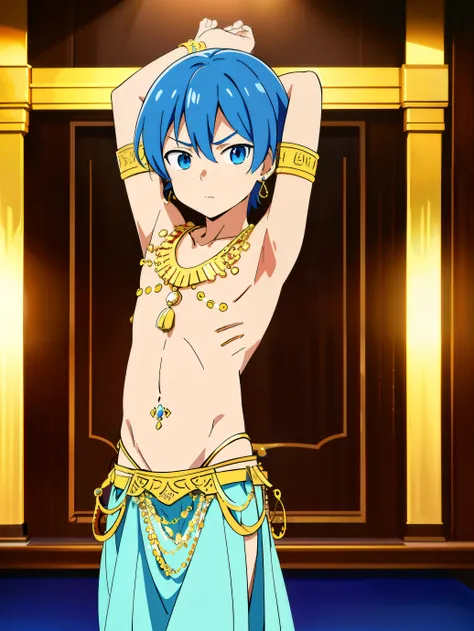 Highres, Masterpiece, Best quality at best,High-quality illustrations, 1boy, Boy, Shota, solo person, 3gypt1anb3llyD, Body, Navel piercing, Earring, midriff, dancer, (Blue) belly dancer, Belly dancer, night day, Seen from front, Anime screencap style, dept...