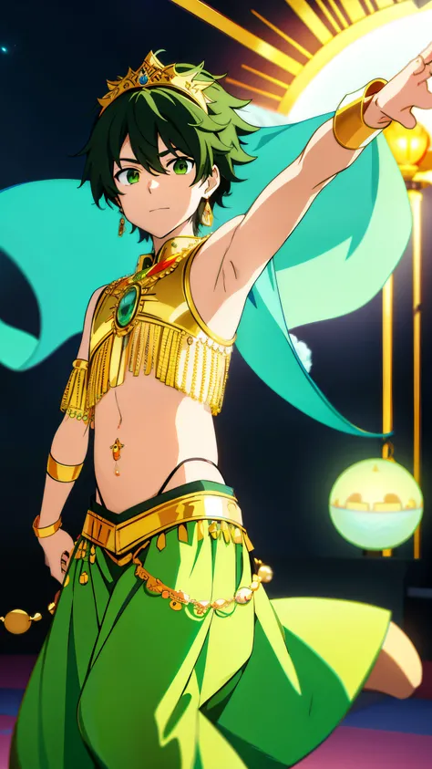 Highres, Masterpiece, Best quality at best,High-quality illustrations, 1boy, Boy, Shota, Fluffy hair, solo person, 3gypt1anb3llyD, Body, Navel piercing, Earring, midriff, dancer, (Green) belly dancer, Belly dancer, night day, Seen from front, Anime screenc...