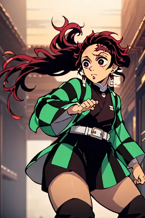 Create an image of a female version of Tanjiro from Demon Slayer. She should have the same hair color and dress color as Tanjiro, but with long hair styled similarly to his. Please make sure she retains the same overall style and appearance as Tanjiro, but...