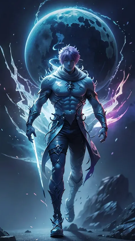 anime full body character with purple hair and glowing eyes in front of a dark background, handsome guy in demon slayer art, epic fantasy art style, badass anime 8 k, epic fantasy digital art style, detailed digital anime art, human male demon, portrait of...