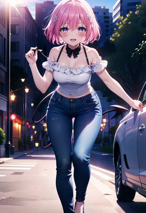 Momodebilke, A type of Deviluke, demon tail, Hair Flowers, hair ornaments, (Purple eyes:1.1), Pink Hair, short hair, tail, blush,happy smile, smile, Open your mouth,
break demon tail, Cordo shoulder top,Skinny jeans,Stiletto heels,morning,morning陽,The sun ...