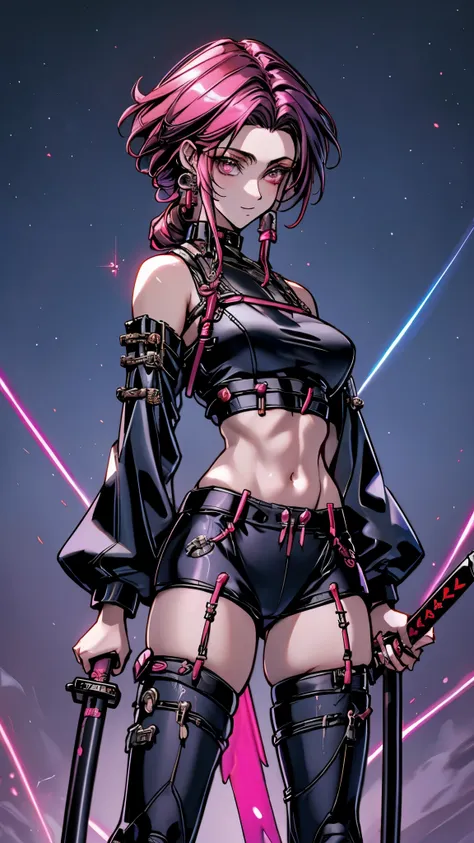 a futurista female warrior holding a katana, (pele finamente detalhada), pale skin, (in a deep neckline highly detailed sexy fut...