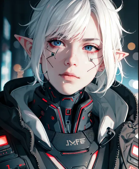 cyber_mark, facial mark, 1boy, cyborg, solo, closed mouth, portrait, nose, (cyberpunk style:1.3), medium intensity lighting, (bokeh:1.3), jealous facial expression, pear face, elf, elf ear, clean-shaven haircut, white hair, round eye shape, aquamarine eyes...