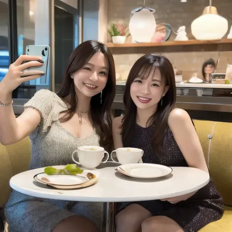 Two beautiful women taking a selfie in a stylish cafe。Dirty plates and cups on the table after a meal、Forks and other items are scattered around。The cafe has a modern and stylish design.、Cozy lighting and elegant décor。The women smile and pose for the came...