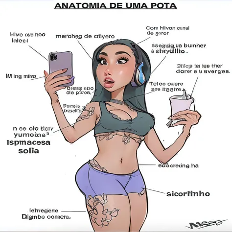 um desenho de uma mulher com um telefone celular e um diagrama de seu corpo, desenho, 3D, realismo, hiper realismo, looks like fabiula nascimento, powder Nándor Katona, pele latina, isso, O morto, justapostos, fino, supermodelo brasileira, proporcional, co...