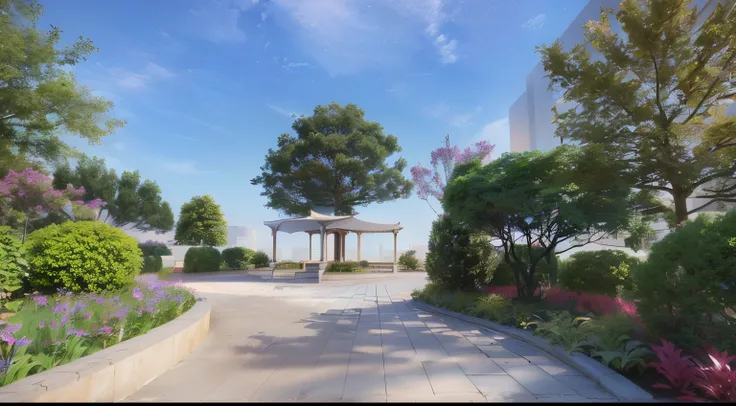 There is a walkway with benches and a gazebo in the center of the park, Rendering, 详细Rendering, 在 Enscape 中Rendering, 真实感Rendering, 逼真的物理Rendering, 高度攝影Rendering, 高度详细的Rendering, 3D Rendering视图, Rendering視圖, Artistic Impression, 低角度等距Rendering, 完全詳細的Render...