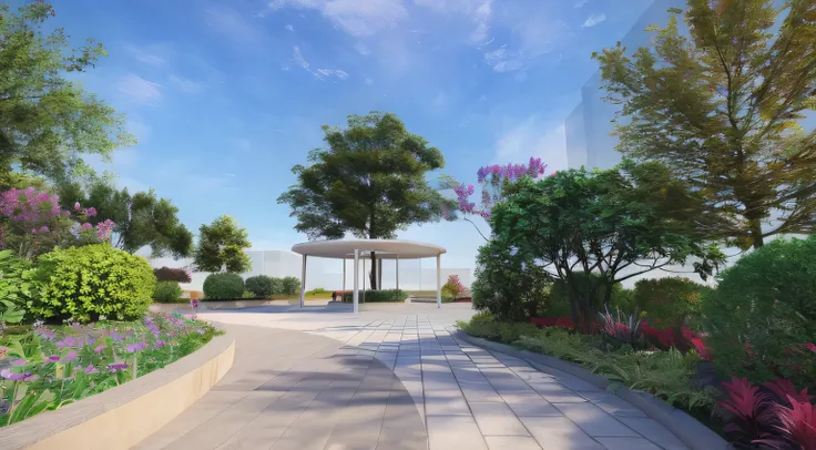 There is a walkway with benches and a gazebo in the center of the park, Rendering, Detailed rendering, rendering in enscape, Realistic Rendering, Realistic Physical Rendering, Highly photographic rendering, Highly Detailed Rendering, 3D Rendering View, Ren...
