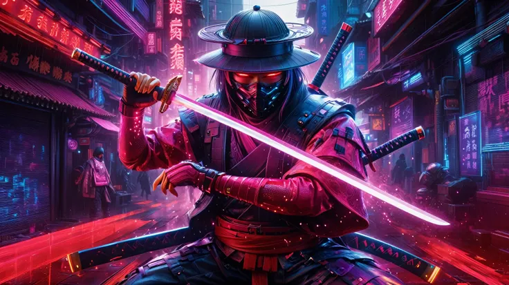 a stunning, high-quality image of a cyberpunk szene this captivating a cyber samurai cyberpunk katana, unsheathing katana, chine...