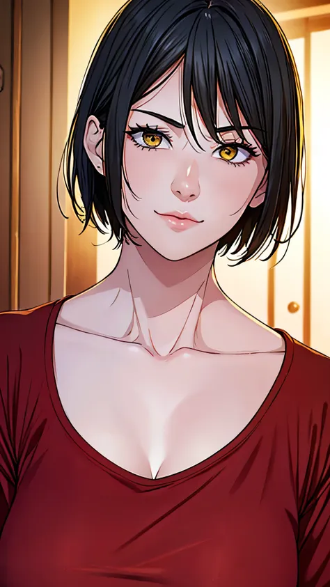 {8k image}, 1beautiful mature woman (MILF), 40 years old, thin lips, pointed nose, upturned eyes, oval face, tanned skin, yellow eyes, short black hair (pixie cut), wearing a plaid shirt (black and red), {looking directly at the viewer}, {facing forward}, ...