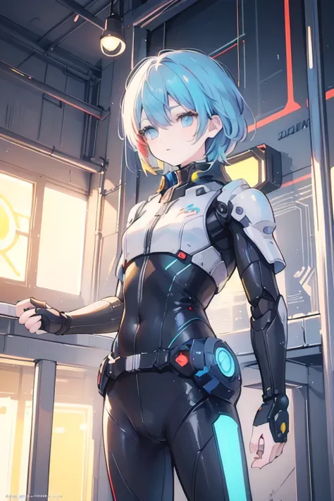 (masterpiece:1.3), (best cinematic quality:1.2), (extremely detailed setting:2), (soft+artistic lighting), (1boy), short blue haired, (eyes+yellow+red:1.4), (multicolored eyes+heterochromia), wearing cyberpunk clothes, futuristic, technological, city scene...