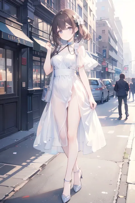 ((Best quality, 8k, Masterpiece :1.3)), 1girl, smiling, full body, slim face, Pretty woman, (Dark brown hair), full length dress :1.1, Ultra-detailed face, Detailed eyes, Double eyelid,  blur background, slim face, city, outside, street,  