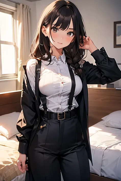 Brown Hair、Staring at the audience　　　Black suspenders　　　bulging big breasts　　 　 　　　wall: 　Black pantsuit　　　　　　sight　　　Small face　 　　　holster　　　Beautiful woman　　Show your hand　　 Lying in bed　　sight 　　Taunt　side　side汗 　arm　Dress shirt　Black Suit　belt