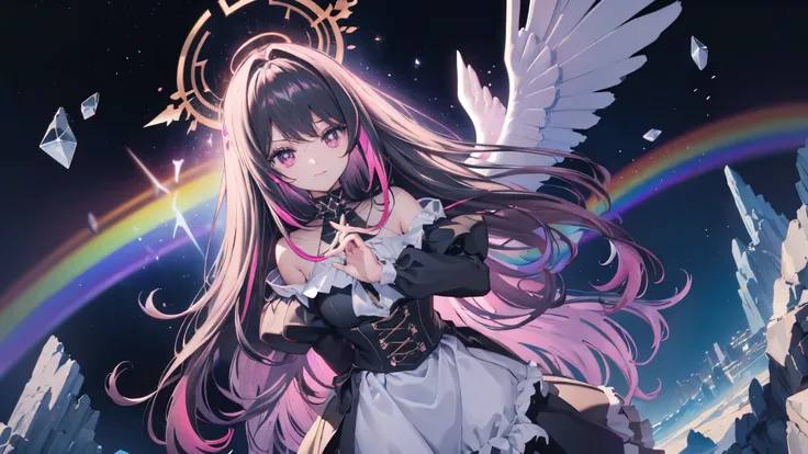 ((Fantasy　Long Hair　Pink Eyes　Rainbow Hair　Black Dress　Archangel　Angel Halo))　((night　Western style　Shining Aura　Face is close　))Distorted Space-Time　explosion　rupture　Hold the crystal and hold it up to the sky　Broken glass　Big white ribbon　Big Moon　First ...