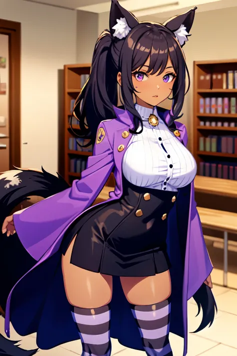 dark brown skin, tan skin, woman, tall, wolf ears, big wolf ears, wolf tail, button up jacket, short skirt, dark purple skirt, purple jacket, cape, shy, heterochromia, gold eye, purple eye, black hair, low ponytail, bangs, blue highlights, purple highlight...