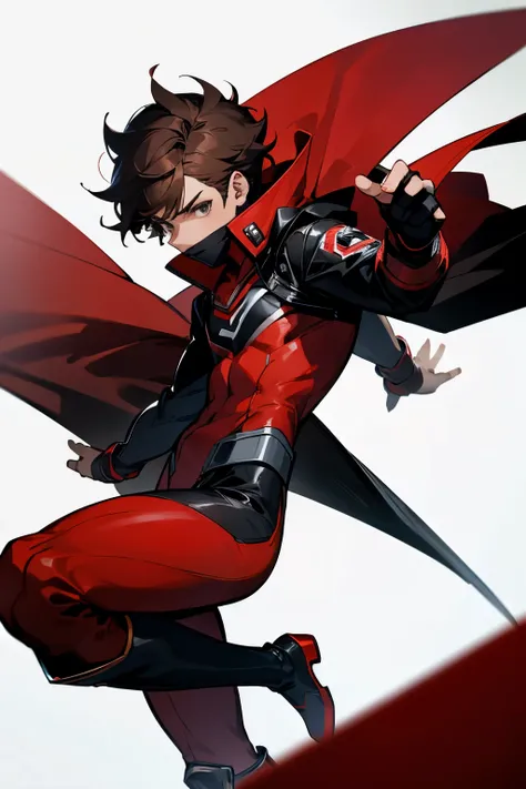 Male, superhero, red and black spandex, black jacket, brunette hair, black domino mask, teenage male, red boots, brown fingerless gloves.