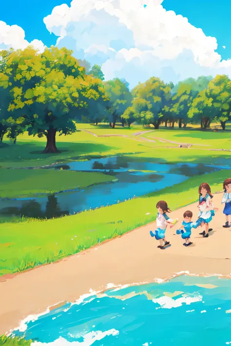 blue sky and white clouds，four children playing in the park accompanied by their parents