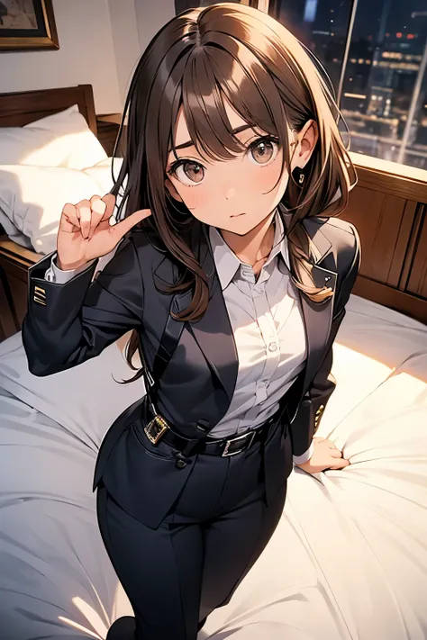 Brown Hair、Staring at the audience　　　Black suspenders　　　bulging big breasts　　 　 　　　wall: 　Black pantsuit　　　　　　sight　　　Small face　 　　　holster　　　Beautiful woman　　Show your hand　　 Lying in bed　　sight 　　Taunt　side　side汗 　arm　Dress shirt　Black Suit　belt