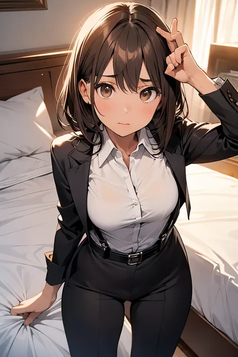 Brown Hair、Staring at the audience　　　Black suspenders　　　bulging big breasts　　 　 　　　wall: 　Black pantsuit　　　　　　sight　　　Small face　 　　　holster　　　Beautiful woman　　Show your hand　　 Lying in bed　　sight 　　Taunt　side　side汗 　arm　Dress shirt　Black Suit　belt