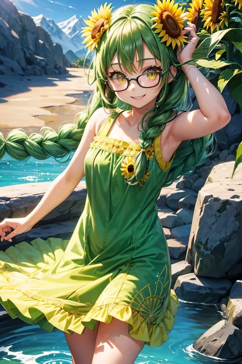 (solo Braid green hair long hair cute girl, cute yellow eyes, happy smile, glasses, 15 yo), (in a summer one piece dress with Sunflower embroidery), BREAK, (in the Mountain stream park), perfect anatomy, masterpiece, best quality, 16k.