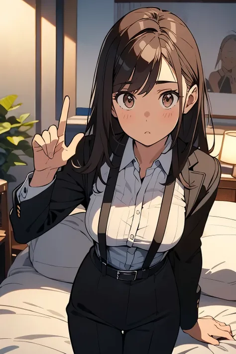 Brown Hair、Staring at the audience　　　Black suspenders　　　bulging big breasts　　 　 　　　wall: 　Black pantsuit　　　　　　sight　　　Small face　 　　　holster　　　Beautiful woman　　Show your hand　　 Lying in bed　　sight 　　Taunt　side　side汗 　arm　Dress shirt　Black Suit　belt