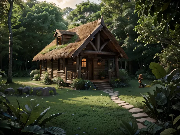 A house in the middle of a jungle with lots of vegetation and trees and a fairy flying next to a fireplace where there is a little house for her to enter ,  and with it there are some more dwarves running to get to the entrance of their houses and a giant ...