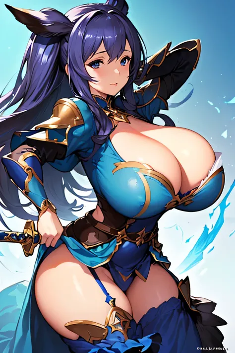 Close-up of a woman in a blue dress holding a sword, Highly detailed art gems, thick, tits, Big Breasts!,  Range Murata and Artgelm, Granblue Fantasy, Zennra Taliyah