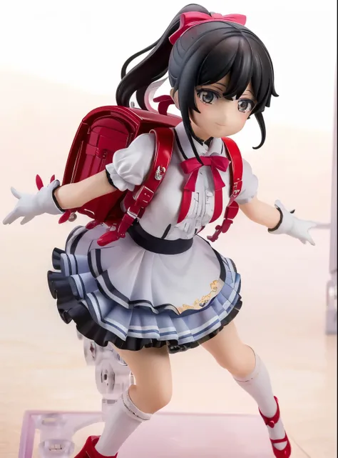 Masterpiece, hd, realistic, black hair, asian girl, ponytail, hair ribbon, 1girl wearing a pink idol dress (idol dress) layered skirt, frills, ribbon, bow, sequins, smile, (Blonde hair), ponytail, standing, wearing school backpack, (red backpack:1.2), wear...