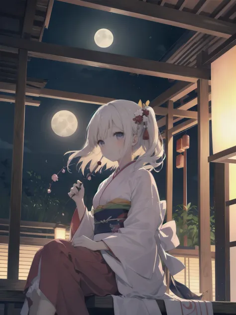 (full moon and girl, kimono, tsukimi dango, looking at the moon on the porch)
As the full moon twinkles in the night sky, a young girl in kimono sits on the porch, quietly looking up at the moon while holding a tsukimi dango in her hand. The shades of her ...