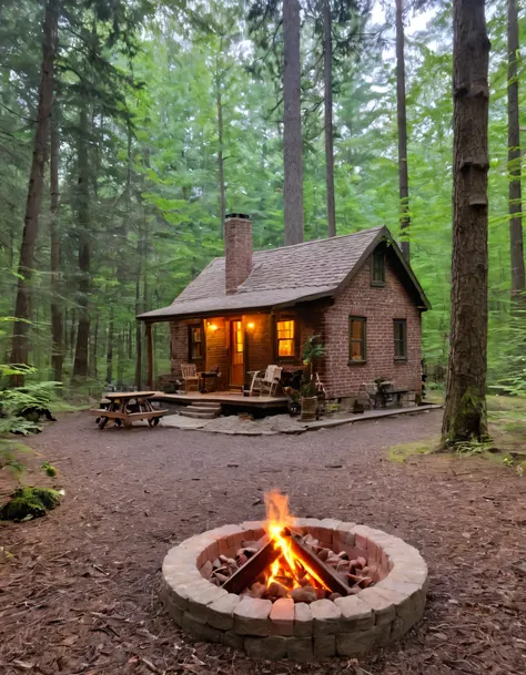 a small cabin with a fire pit in the woods, cottagecore, cottagecore hippie, cottagecore!!, cottage in the woods, cozy place, co...