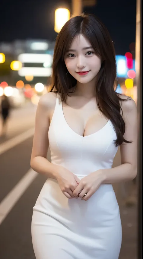 Tabletop, highest quality, figure, Super detailed, In detail, High resolution, 8k wallpaper, Perfect dynamic composition, Beautiful fine details, dress,Medium Hair, Big Breasts, Natural color lip, Random sexy poses,smile,Aoyama Street Walk、20-year-old girl...