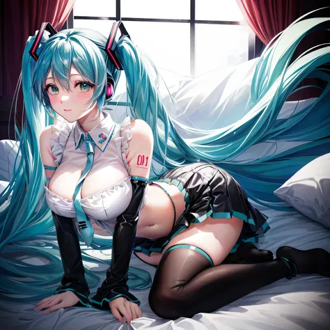 anime girl with blue hair and black stockings laying on a bed, hatsune Miku, seductive anime girl, Miku, Mikudayo, Nightcore, Vocaloid, portrait of hatsune Miku, Top rated on pixiv, anime! 4k yen, anime! 4K, hatsune Miku portrait, anime girls, hatsune Miku...