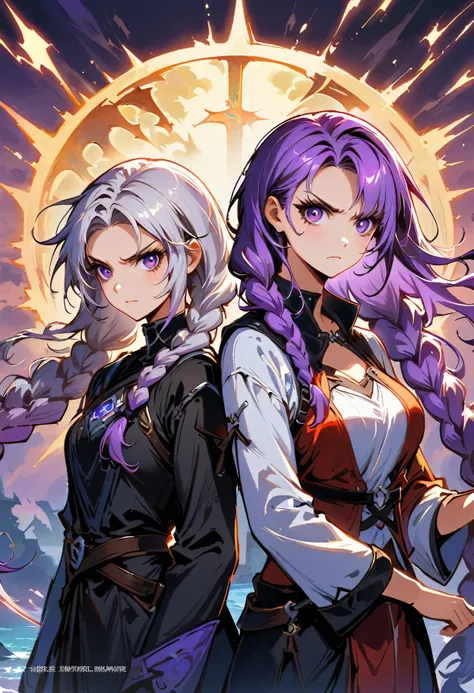 Award-winning epic painting，Depicting two girls in medieval costumes standing back to back, yinji, purple hair, purple eyes, long hair, white hair, double braids, gradient hair, Angry expression, cool, personality, brave, (Backlight:1.3), number, concept a...